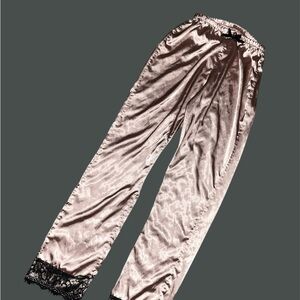 Elegant Pink Satin Sleep Pants with Lace Trim